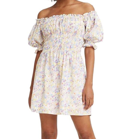 Levi's Verenne Floral Mini Dress Puff Sleeves Off The Shoulder Size L - Picture 1 of 6